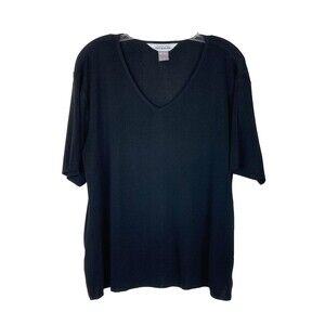 Exclusively Misook Women's V-Neck Shirt Size L Black Short Sleeve Side Slits